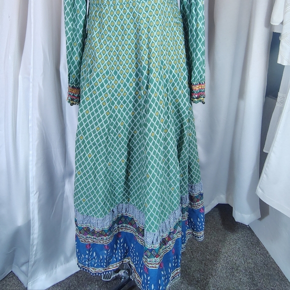 Biba Bohemian Maxi Dress, Patterned Green/Yellow Long Sleeve Ends/Buttons, 6 - Picture 8 of 16